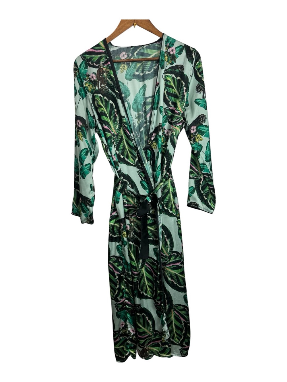 Lobo Rosa Green Tropical Leaf Jungle Monkey Satin Wrap Kimono One Size?